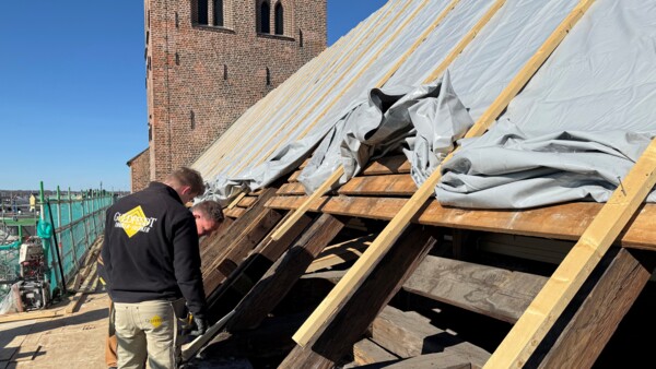 Håndværkere besigtiger taget på Odense Domkirke