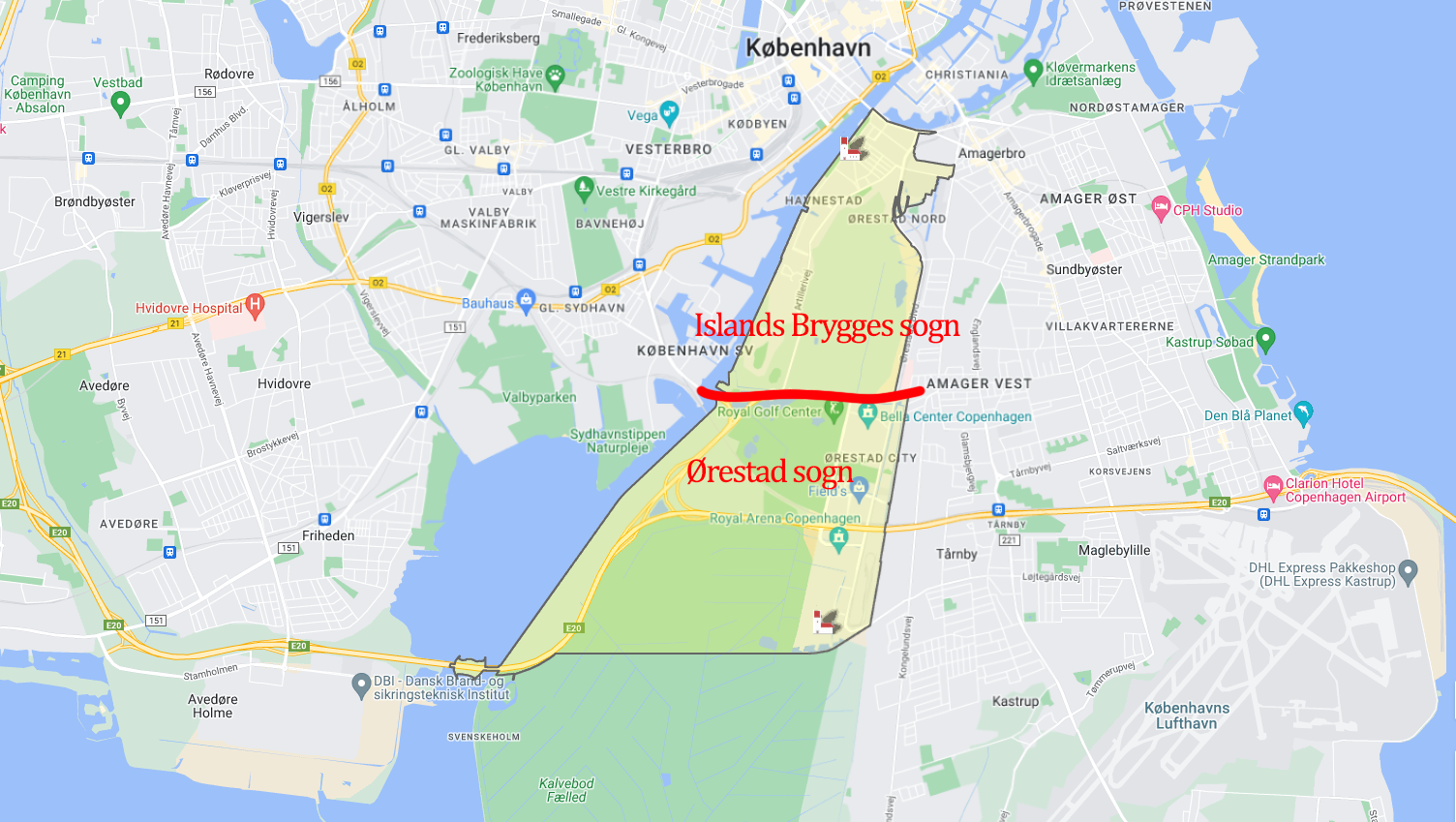 et kort over det nordlige Amager med en indikation af den ny sognegrænse