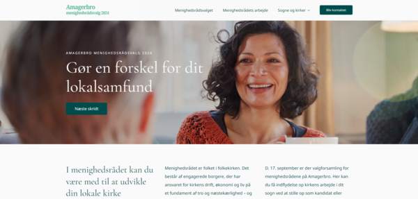Et udsnit af Amagerbro Provstis hjemmeside med et stort forsidebillede af en kvinde og herunder tekst og information om menighedsrådsvalget 2024