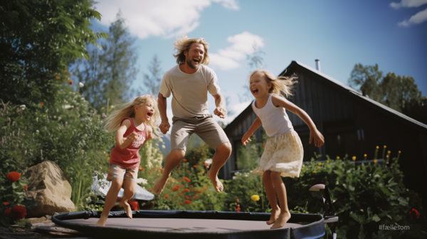 Billedet viser tre personer midt i et spring på en trampolin i en have. Baggrunden viser et hus og frodigt grønt område under en klar himmel. Stemningen i billedet er fyldt med glæde og udendørs aktivitet.