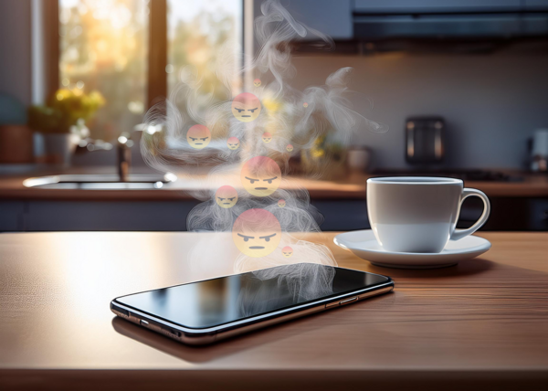 Røg med vrede emojis stiger fra en mobiltelefon på et køkkenbord ved siden af en kop kaffe