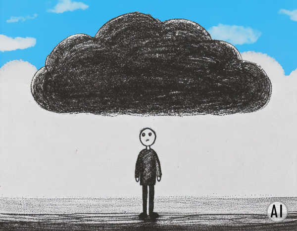 en ai-genereret tegning af en mand under en sort sky på en blå himmel som illustration af følelsen af sorg