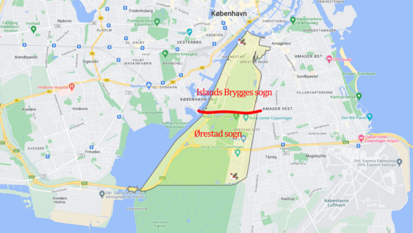 et kort over det nordlige Amager med en indikation af den ny sognegrænse